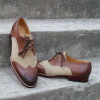  Handmade Men Brown Beige Ghillie Lacing Classic Wingtip Oxford Dress Shoes  - Thumbnail 1