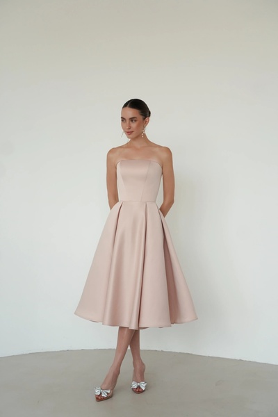 A-line Strapless Midi Prom Dress with Box Pleats