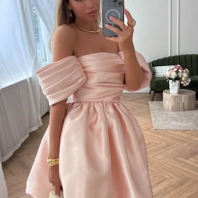 Pink satin homecoming dress with dropped sleeves