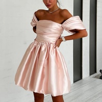 Pink Satin Homecoming Dress with Dropped Sleeves - Thumbnail 1