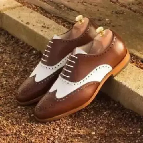 New Men's Handmade White Brown Leather Oxford WIngtip Brogue Lace Up Formal Shoe