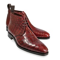 NEW HANDMADE BURGUNDY ALLIGATOR LACE-UP CHUKKA BOOTS FOR MEN'S - Thumbnail 1