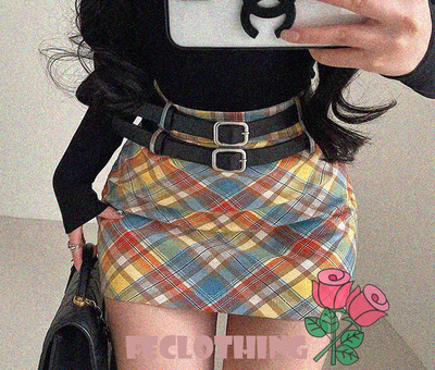 Plaid double belt A-line skirt