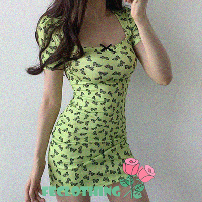 (no refund and exchange)bow print low cut square neck hip stretch dress - Thumbnail 4
