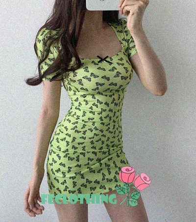 (NO REFUND AND EXCHANGE)Bow Print Low Cut Square Neck Hip Stretch Dress