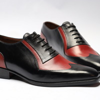 Crafted Leather Classic Red Black Leather Wingtip Oxford Lace up Dress Shoes - Thumbnail 1