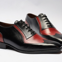 Crafted Leather Classic Red Black Leather Wingtip Oxford Lace up Dress Shoes - Thumbnail 3
