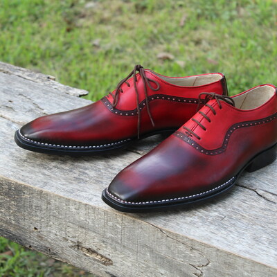 Crafted leather classic fashion burgundy patina leather dress shoes - Thumbnail 3