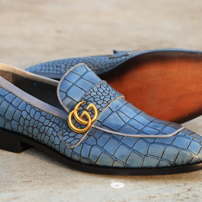 Crafted leather elegant and classic blue crocodile/alligator loafers dress shoes - Thumbnail 2