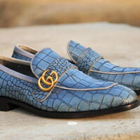 Crafted Leather Elegant and Classic Blue Crocodile/Alligator Loafers Dress Shoes - Thumbnail 1