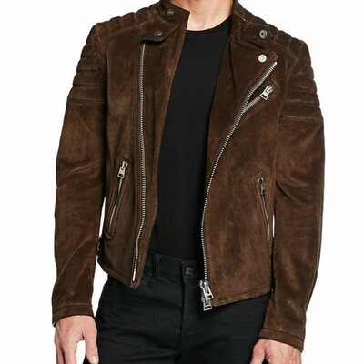Men leather jacket genuine suede biker motorcycle jacket