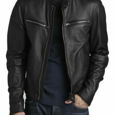 Men slim fit biker motorcycle lambskin leather jacket coat outwear