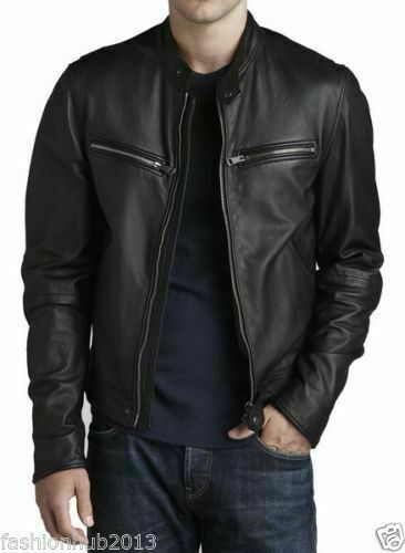 Men Slim Fit Biker Motorcycle Lambskin Leather Jacket Coat Outwear