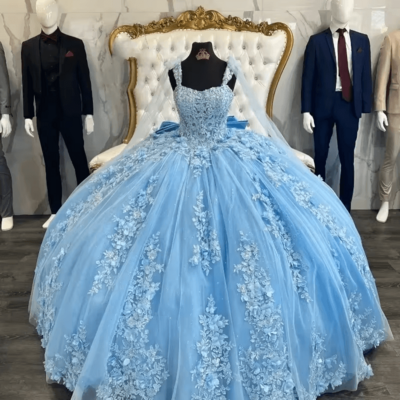 Princess mexican quinceanera dresses light blue lace applique bow birthday party prom gown