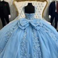 Princess Mexican Quinceanera Dresses Light Blue Lace Applique Bow Birthday Party Prom Gown - Thumbnail 1