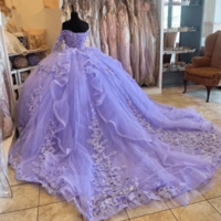 Pretty Lavender Quince Dresses Long Sleeves, Corset Mexican Dress for sweet 16 Long Train - Thumbnail 2