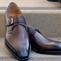 Handmade Men's Cowhide Leather Brown Sigle Monk Chisel Toe Formal Dress Shoes - Thumbnail 4