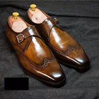 New Handmade Men's Single Monk Brown Leather Wingtip Buckle Formal Dress Shoes - Thumbnail 4