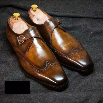 New handmade men's single monk brown leather wingtip buckle formal dress shoes