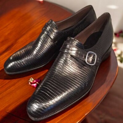 Black new pattern hand made single monk strap dress shoes for mens