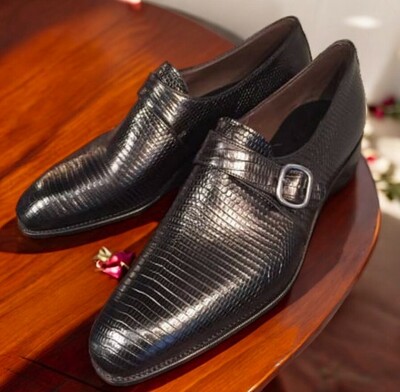 Black New Pattern Hand Made Single Monk Strap Dress Shoes For Mens