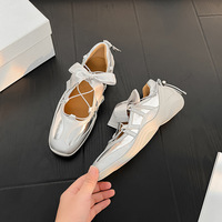 Silver Black Bow Ribbon Ballet Style Shoes - Thumbnail 4