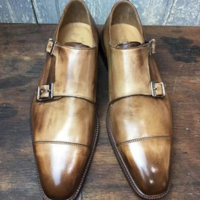 Awesome polishing handmade double monk natural leather shoes