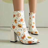 Holloween Pumpkin Skull Print Ankle Boots in White - Thumbnail 1