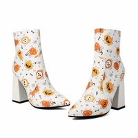 Holloween Pumpkin Skull Print Ankle Boots in White - Thumbnail 5