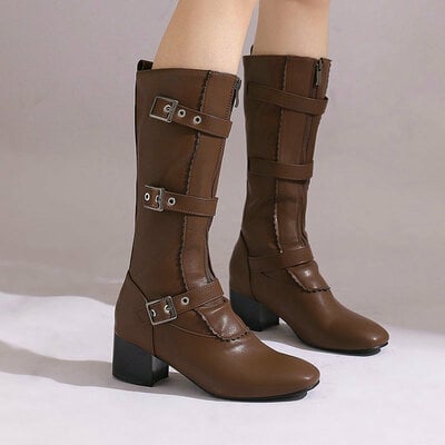 Fashion belted knee high boots in brown