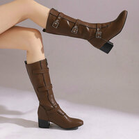 Fashion Belted Knee High Boots in Brown - Thumbnail 1