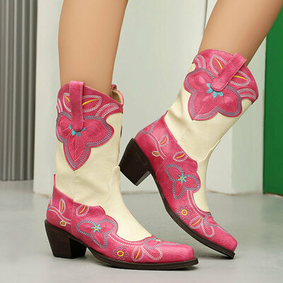 Boho Embroidered Cow Boy Boots in Fuchsia