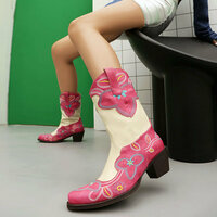 Boho Embroidered Cow Boy Boots in Fuchsia - Thumbnail 3