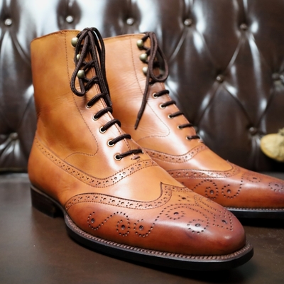 Crafted leather classic dress shoes brown leather wingtip ankle high boot - Thumbnail 4