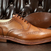 Crafted Leather Classic Brown Leather Wingtip Oxford Lace up Dress Shoes - Thumbnail 1