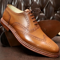 Crafted Leather Classic Brown Leather Wingtip Oxford Lace up Dress Shoes - Thumbnail 2