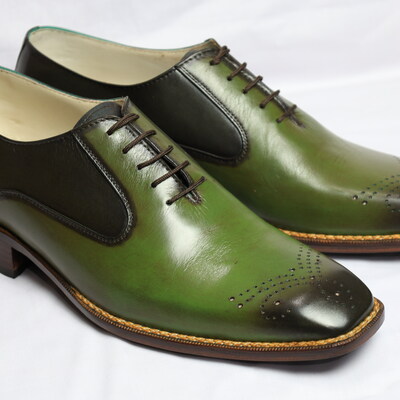 Crafted leather classic fashion green patina leather oxford lace up dress shoes - Thumbnail 3