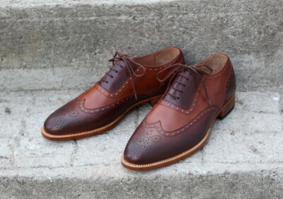 Crafted Leather Classic and Elegant Brown Patina Wing Tip Brogue Lace Up Dress Shoes for Men