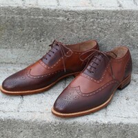 Crafted Leather Classic and Elegant Brown Patina Wing Tip Brogue Lace Up Dress Shoes for Men - Thumbnail 1