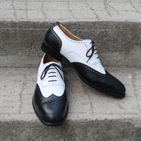 Crafted Leather Elegant Dress Oxford Shoes in Black White Calf Leather - Thumbnail 1