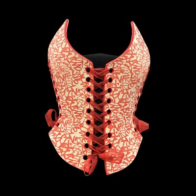 Red graffiti wearable ceramic corset by: Nicole Moan