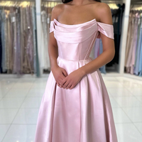 Pink Satin Floor Length Prom Dress, A-Line Off the Shoulder Evening Party Dress - Thumbnail 2