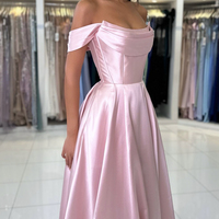 Pink Satin Floor Length Prom Dress, A-Line Off the Shoulder Evening Party Dress - Thumbnail 3