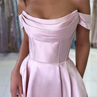 Pink Satin Floor Length Prom Dress, A-Line Off the Shoulder Evening Party Dress - Thumbnail 4
