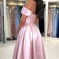 Pink Satin Floor Length Prom Dress, A-Line Off the Shoulder Evening Party Dress - Thumbnail 6