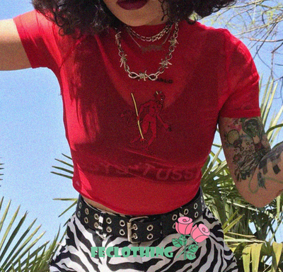 (NO REFUND AND EXCHANGE)Sexy perspective red mesh devil embroidery top