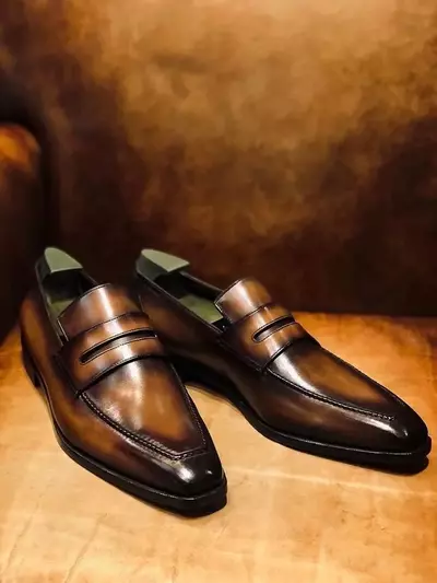 Handmade Men's Brown Penny Loafer Narrow Toe Original Leather Loafer Shoes