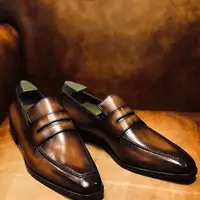 Handmade Men's Brown Penny Loafer Narrow Toe Original Leather Loafer Shoes - Thumbnail 3