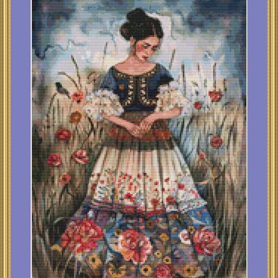 Young woman in a field cross stitch pattern