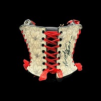 Red Poppy wearable ceramic corset by: Nicole Moan on display at 50 Penn Place Art Gallery with matching stand - Thumbnail 4